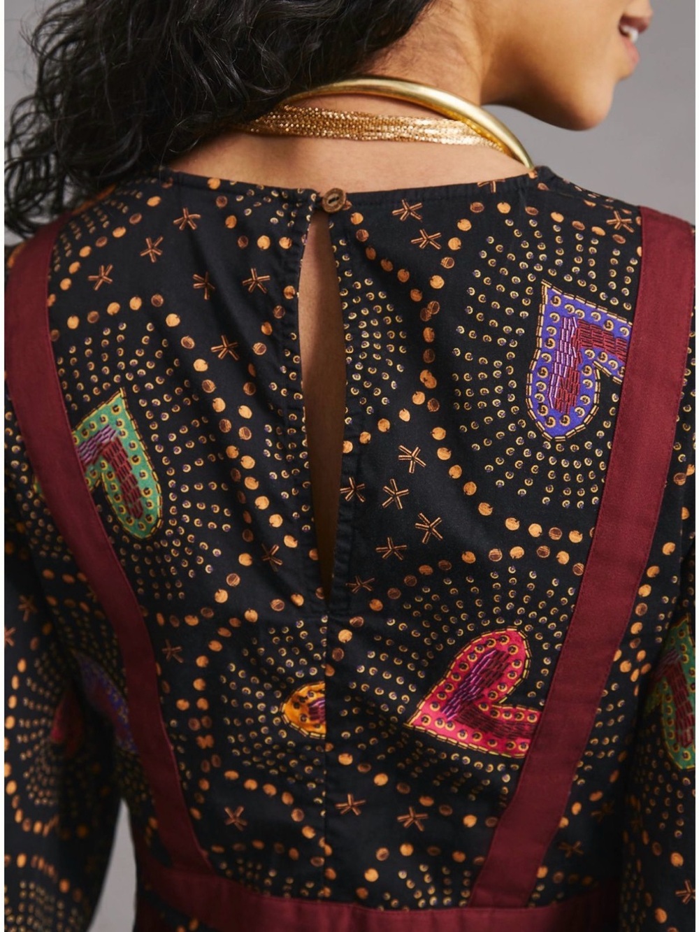 Farm Rio Anthropologie Black Jumpsuit Multicolor Heart Print and Burgundy Trim - Picture 5 of 9